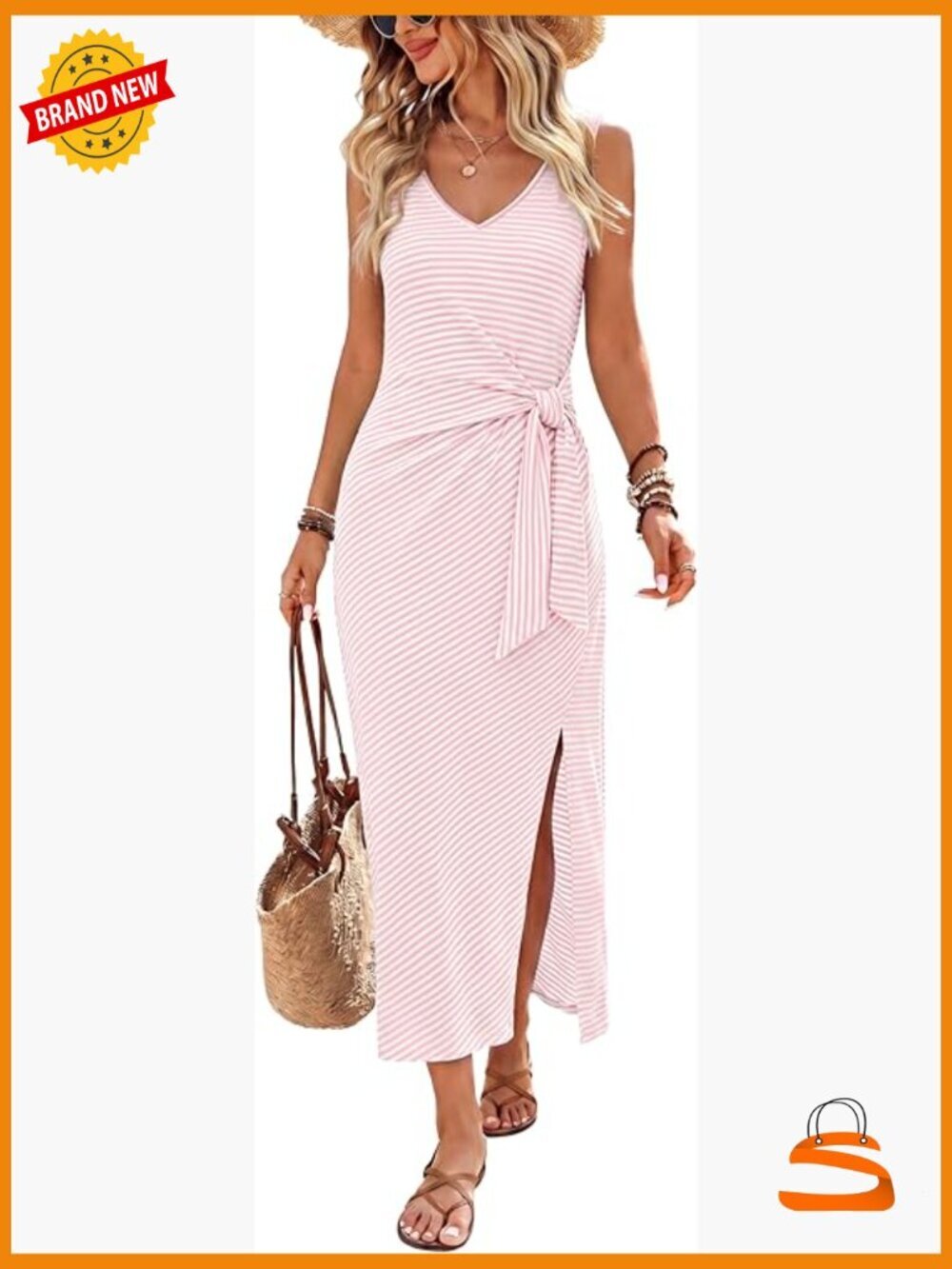Summer Midi Dress V Neck Sleeveless Tie Waist Side Slit Work Dress Flowy Casual